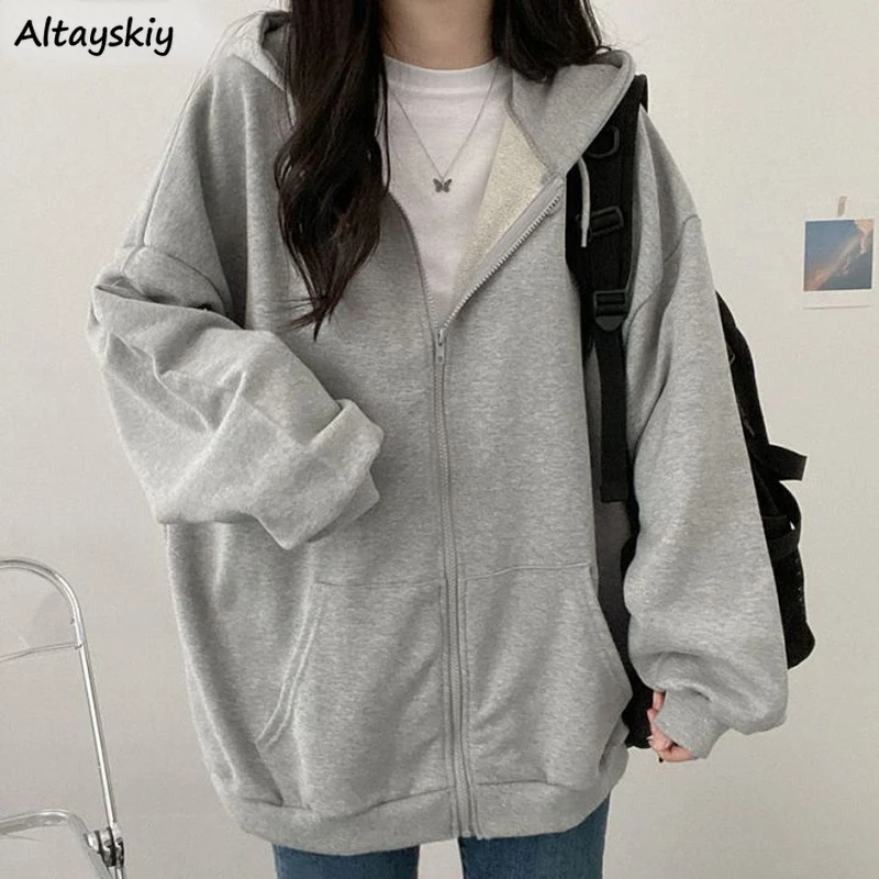 

Популярные Базовые Куртки Ins, женские свободные топы с капюшоном в Корейском стиле, верхняя одежда на молнии с карманами, универсальная однотонная Осенняя шикарная повседневная одежда Ulzzang