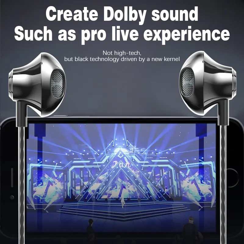 Half In Ear Metal Wired Earphones 3.5mm Round Holes Bass For Smart Phones Esports Running Sports