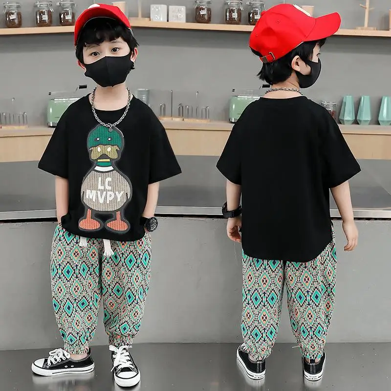 

Korean Children's Cotton Clothing 2023 Baby Boy Girl Cartoon Duck Print Tshirt Top and Pants Set Kids 2Pcs Outfits Loungewear