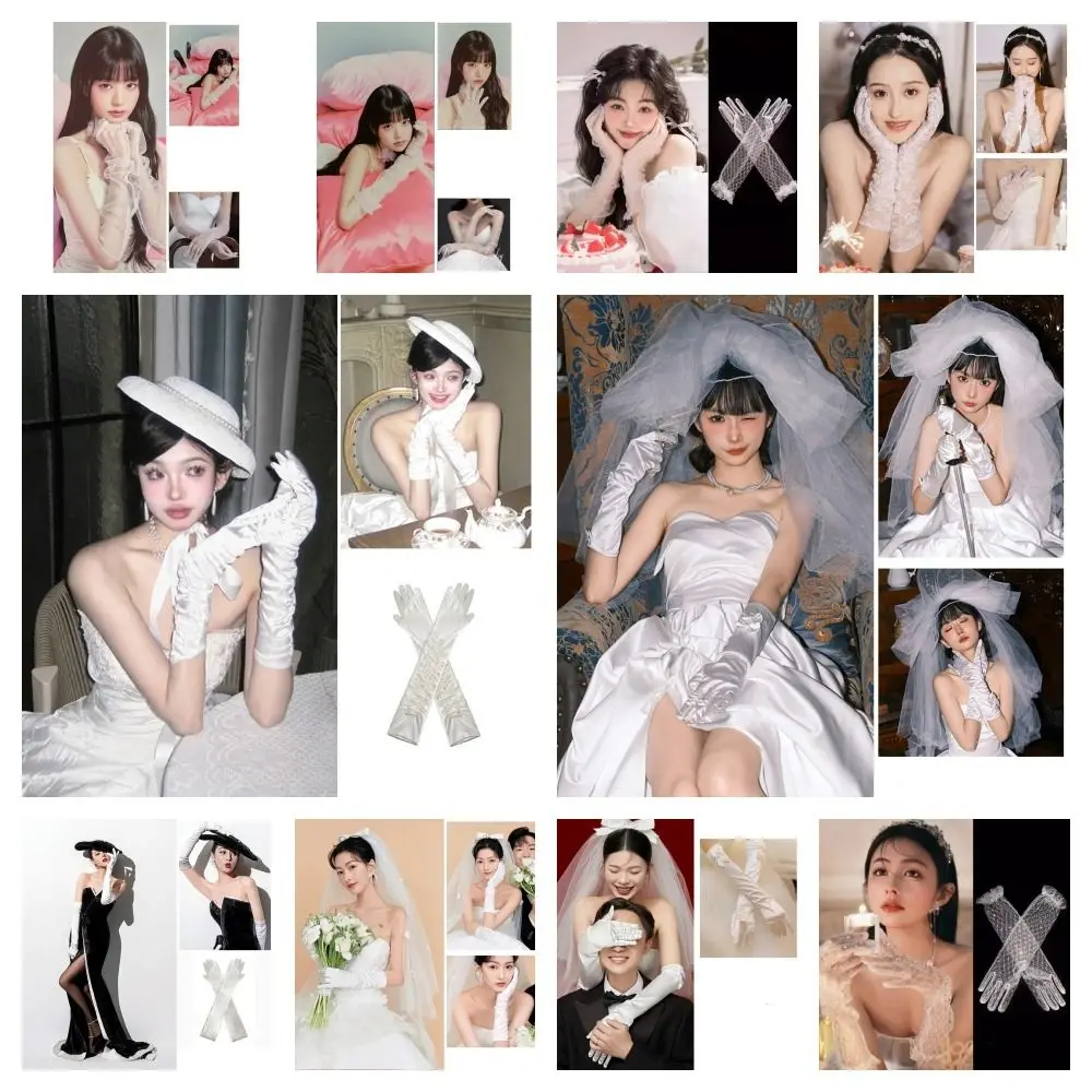 Fashion White Satin Long Gloves Lace Vintage Wedding Bridal Gloves Elastic Sweet Long Finger Mittens Women