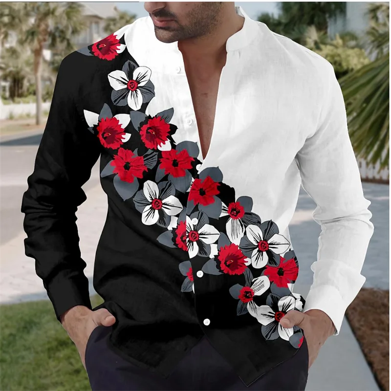 2024 Men's shirts for daily wear, going out, weekends, summer, spring and autumn, stand collar, long sleeves, rose color XS-6XL