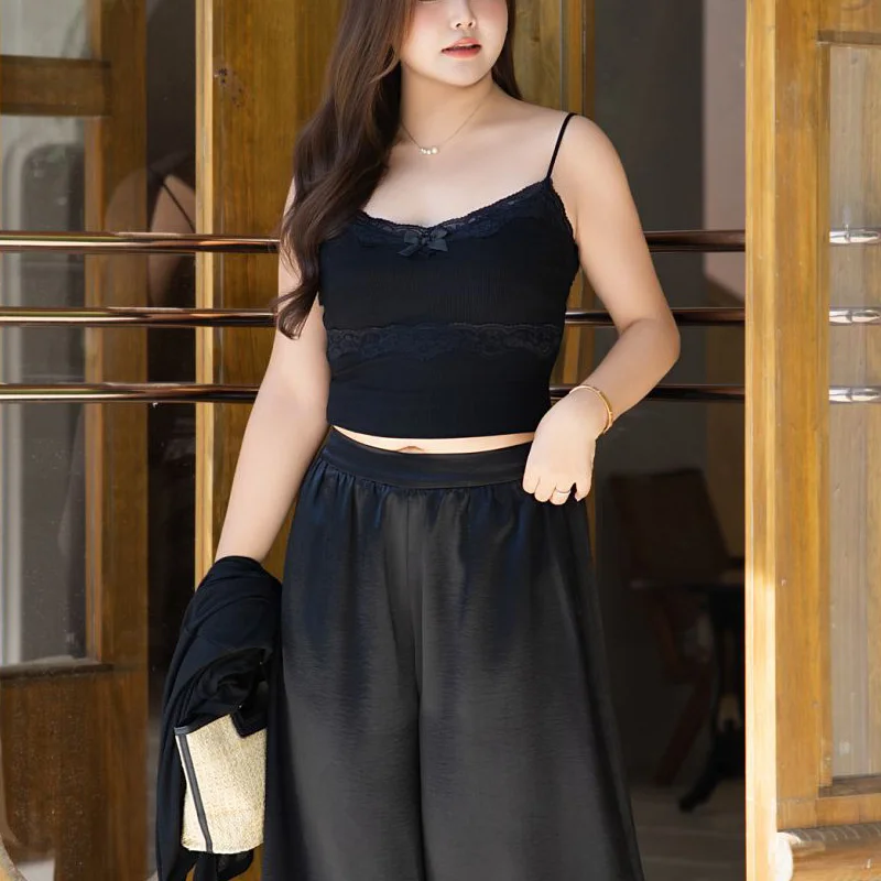 Bow Lace Splice Spaghetti Strap Camis Summer Plus Size Women Premium Sexy Slim Sleeveless Top 9215