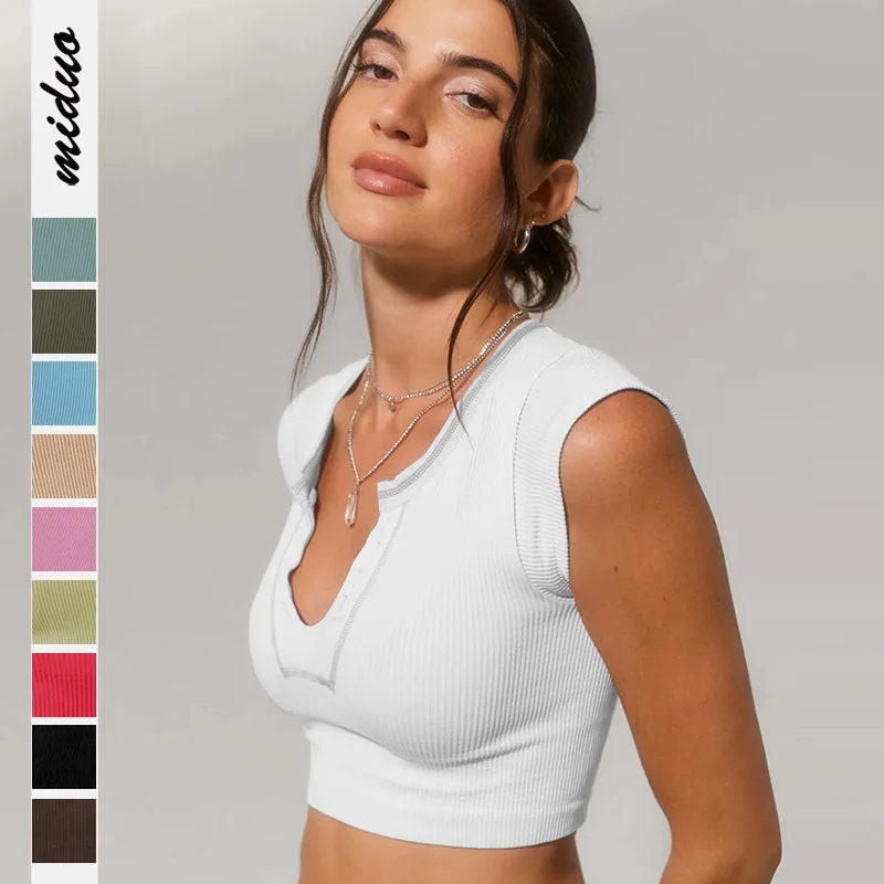 

Short-Sleeved T-shirt Women's Pure Cotton Knitted Thread Half-Open Collar Summer Slim-Fit SexyTop Pullover Bottoming Solid Color