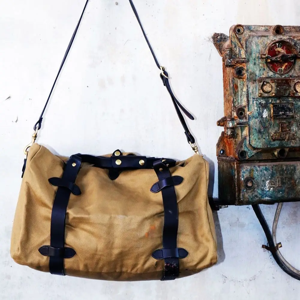 Tailor Brando Saddle Leather Shoulder Strap 22OZ Waterproof Canvas Size 50*33*20cm American Retro Medium Travel Handbag