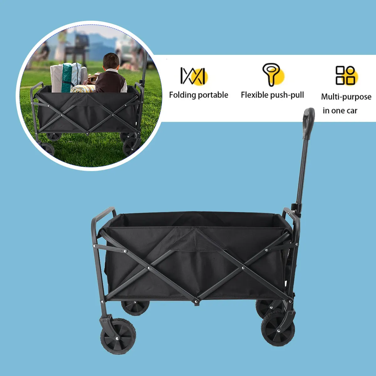 Zusammenklappbarer, zusammenklappbarer Mehrzweck-Strandwagen, robuster, zusammenklappbarer Wagen mit großer Kapazität, Outdoor-Trolley, tragbarer Campingwagen-Tisch – Detail 14