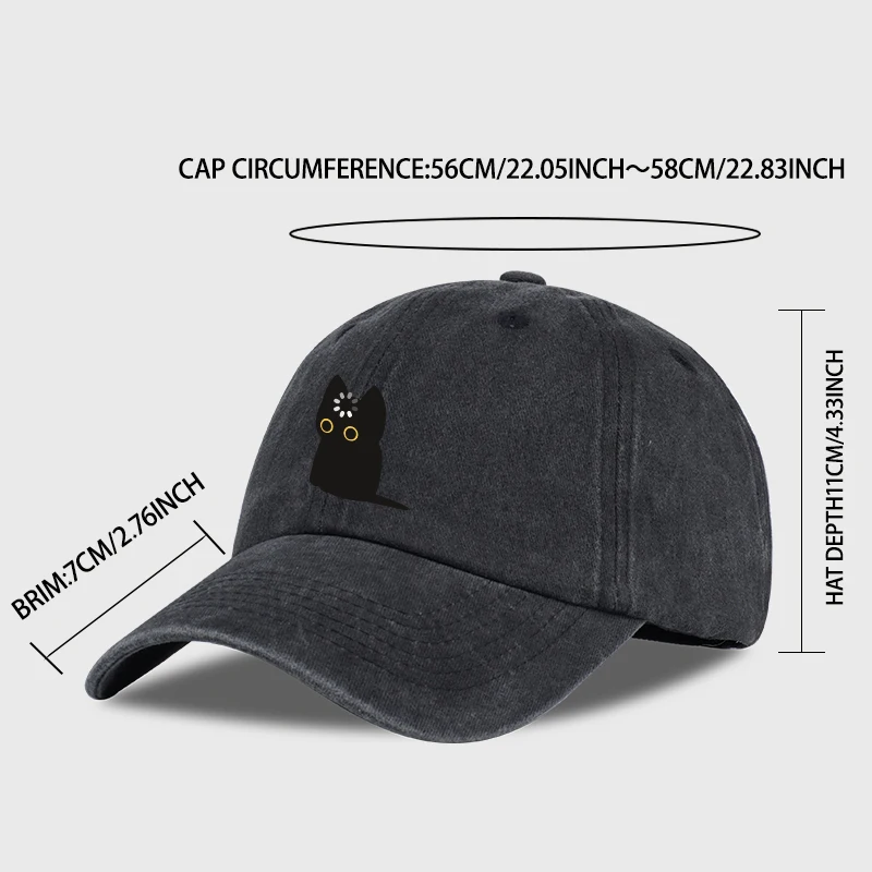 귀여운 검은 고양이 프린트 워싱 야구 모자 부드럽고 편안하며 가볍고 통기성이 좋으며 조절 가능합니다. 사랑스럽고, 힐링이 되는, 트렌디하고 패셔너블합니다.