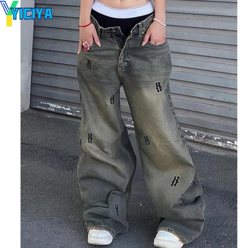 YICIYA Women's Jeans winter Vintage High Street Baggy Letter Printing Denim Trousers Y2k Cloting Low Rise Casual Streetwear New