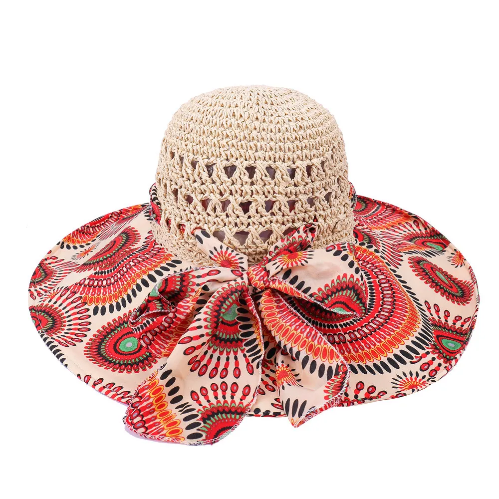 Frauen Frühling Sommer breite Krempe Falt strohhut für Strand urlaub Dame böhmischen Stil Blume Sonnenschutz kappe mit Fliege neu – Detail 20