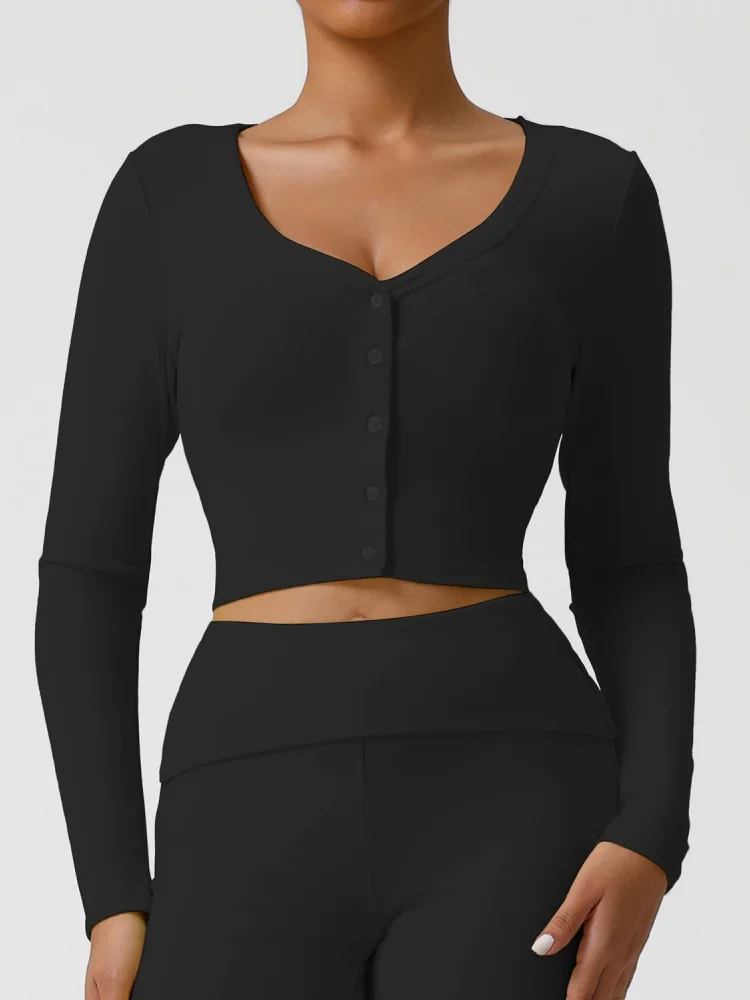 새로운 스레드 V넥 요가 셔츠 여성 단색 긴팔 버튼 스포츠 가디건 아우터 슬림핏 운동 러닝 티셔츠 탑