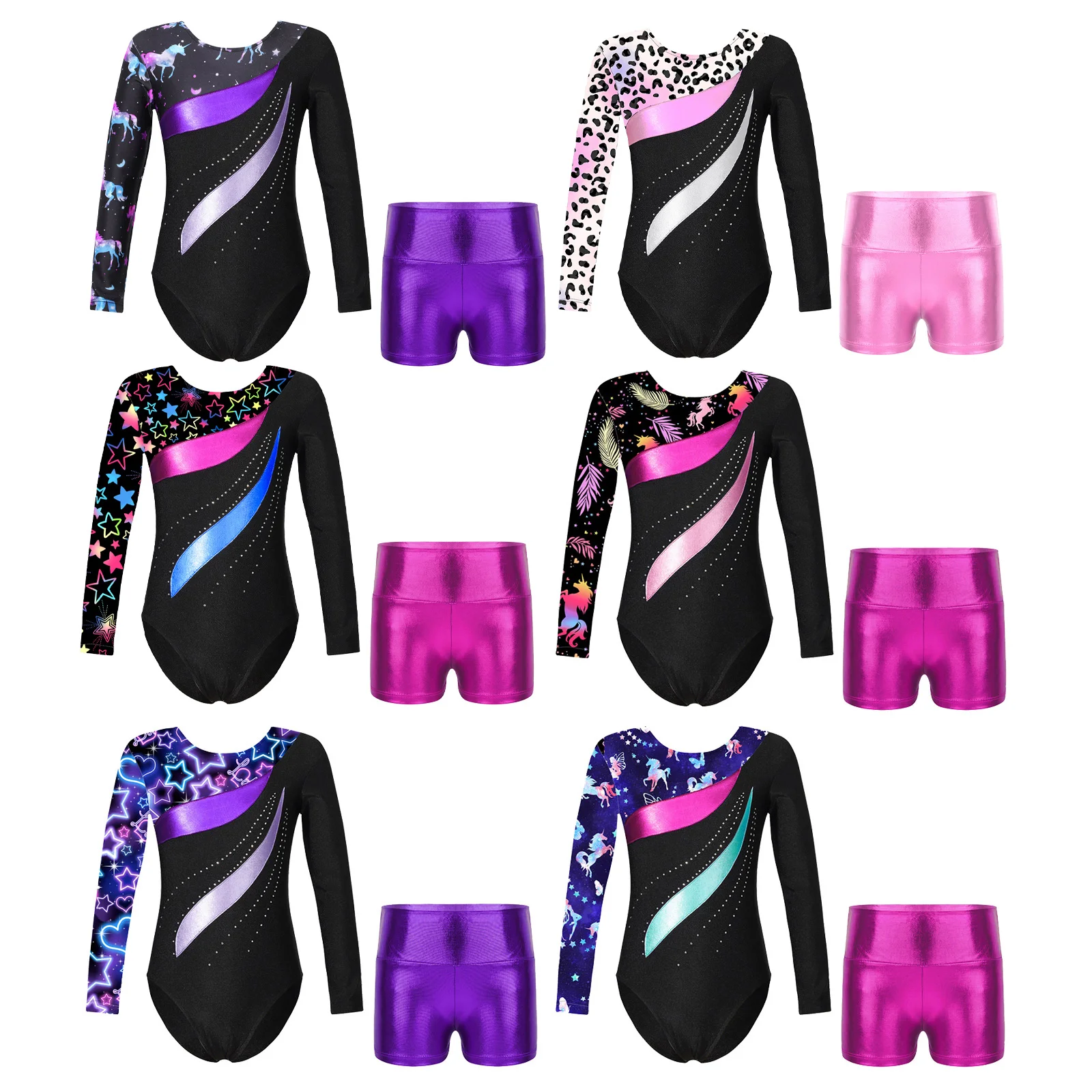 Kids Girls Printed Swimsuit Metallic Patchwork Leotard with Metallic High Waist Shorts for Gymnastics Performance Competition