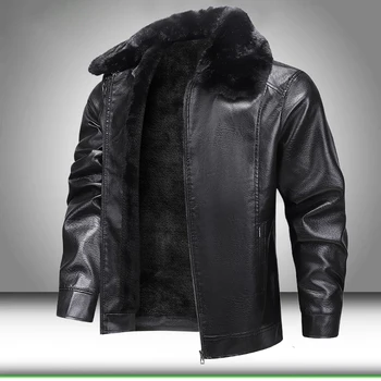 Fur Collar Men Faux Leather Jacket Winter Fleece Lined Biker Jackets Fashion Motorcycle Leather Coat Outwear Casual Streetwear
