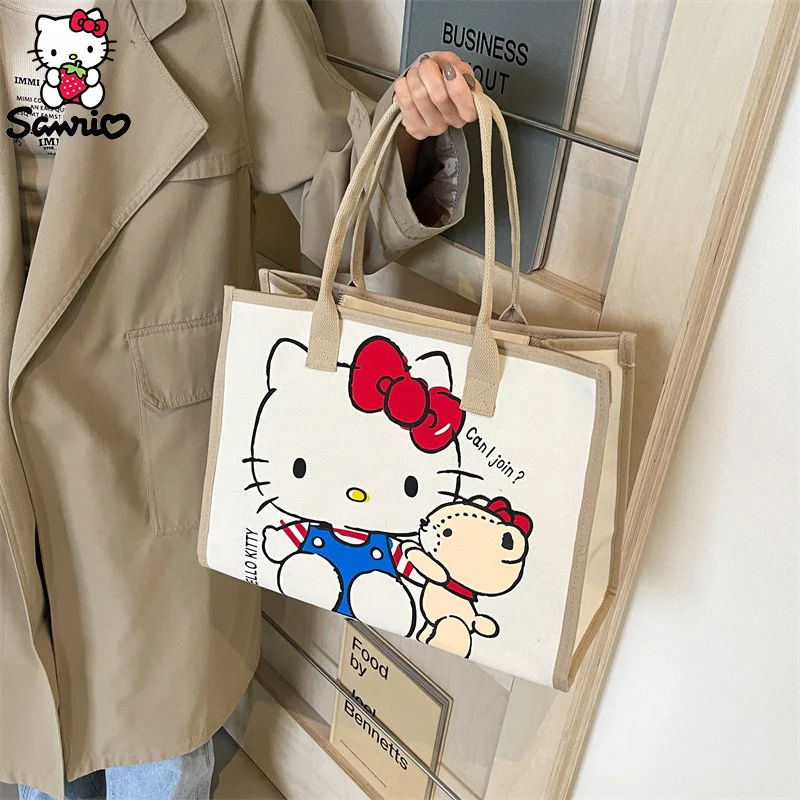 

Холщовая Сумка-тоут Sanrio Hello Kitty, саквояж на плечо для хранения косметики, аниме дорожная сумка для шоппинга, женский подарок