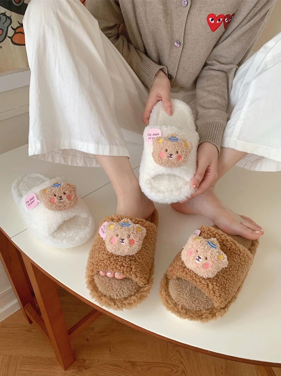 Cute Bear Plush Slippers Women Home Casual Anti Slip Cotton Slippers Indoor Household Slipper