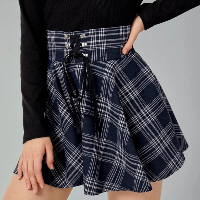 Spring Summer Women High Waist Korean Style Pleated Skirts 2024 Girls Retro Punk Casual Skirts Ladies Mini Plaid Lace Up Skirt