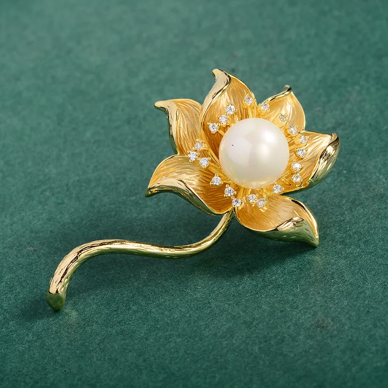 Retro Hand-painted Lotus Natural Freshwater Pearl Brooches Pins Brand Design Statement  Wedding Party Corsage Bouttoniere