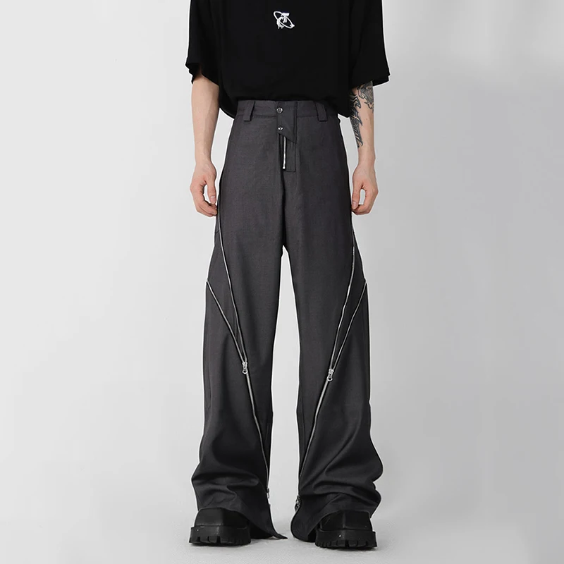 Niche Design Zipper Slit Men Trousers Straight Tube Casual Pants Wide Leg Darkwear Solid Color Male Fashion 9A5414