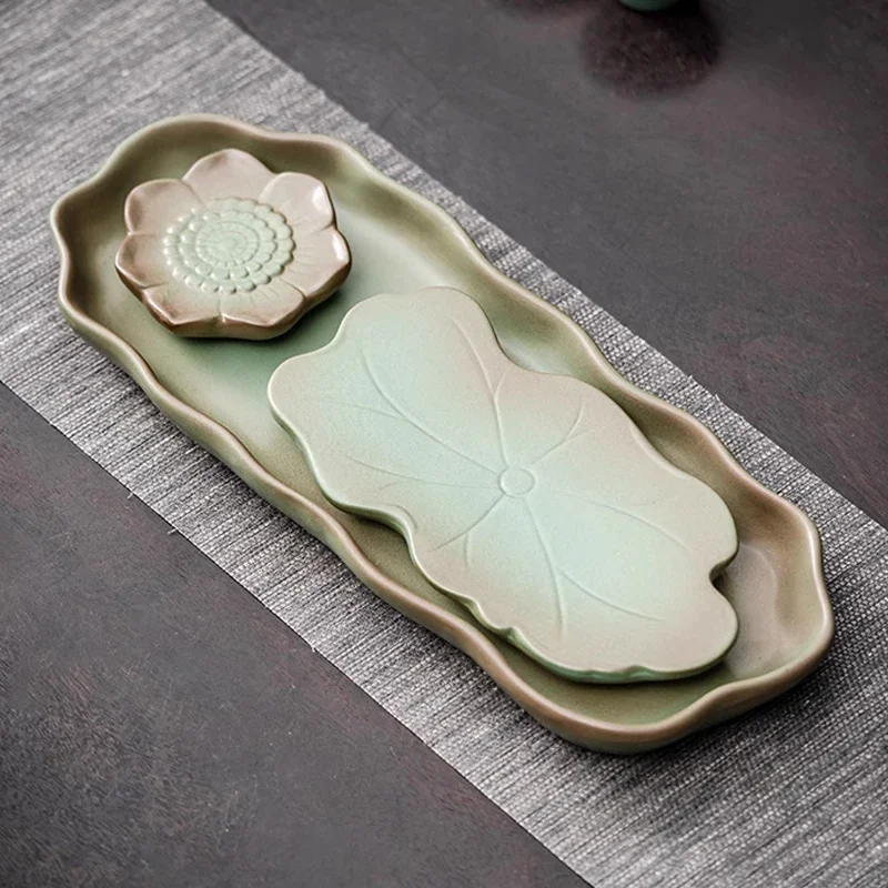 Lotus Shaped Tea Tray, Home New Small Dry Brewing Table Japanese Tea Table Retro Accessories Drainage Storage Style Kung Fu, 1Pc