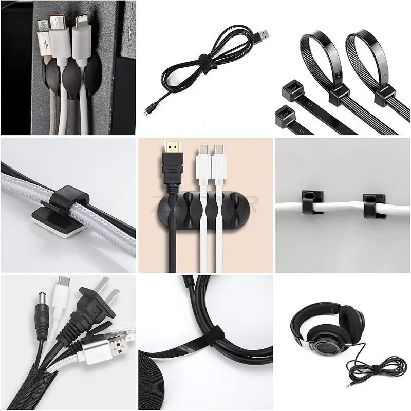 Comprehensive Cable Management Organizer Kit with Holders, Sleeves, Clips, and Straps