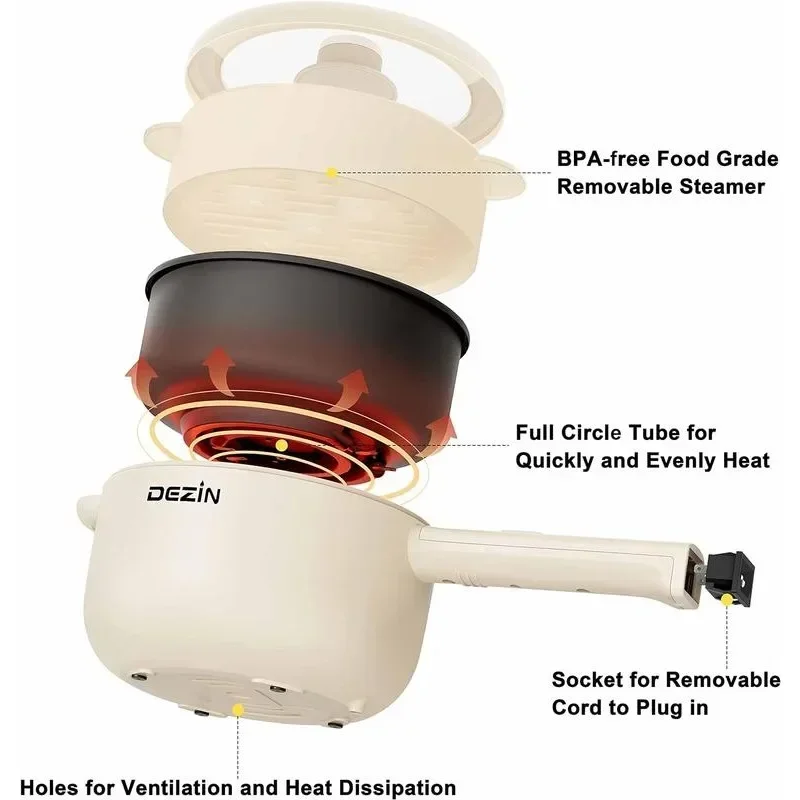 Dezin Electric Cooker, 2L Non-Stick Sauté Pan, Rapid Noodles Cooker, Mini Pot for Ramen (Egg Rack Included) electric steamer 3