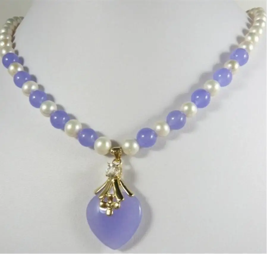 

trendy mixed white pearl purple natural jade necklace +heart pendant