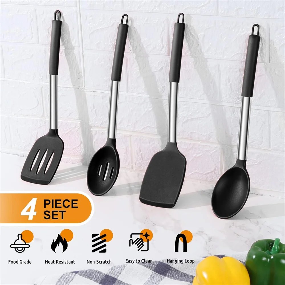 4 Pieces Silicone Spatula Kitchen Cooking Utensils Stainless Steel Tight Spatula Leaky Non-stick Cookware Kitchen Tools