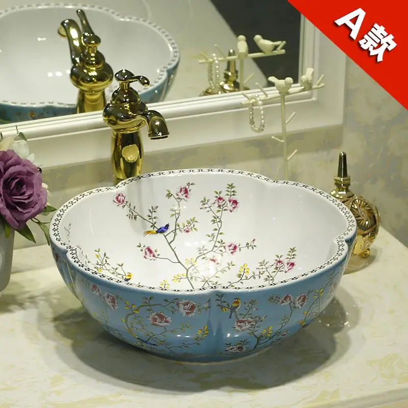 

Рабочая керамическая раковина, раковина для ванной комнаты, раковина из фарфора, керамическая раковина с синими и белыми цветами