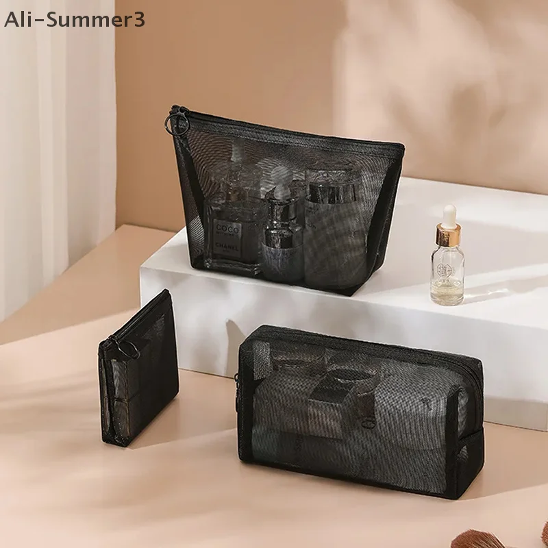Black Mesh Clear Cosmetic Bags Set - Portable Travel Makeup and Toiletry Organizer with Lipstick Storage Pouch
