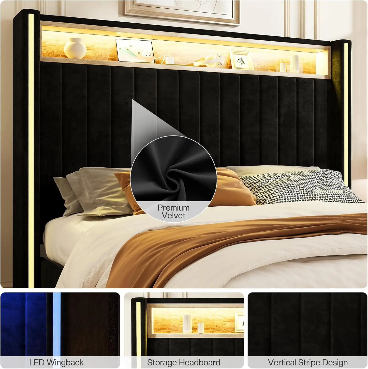 Size Bed Frame with LED Lights and Charging Station,Velvet Upholstered Platform Bed with 53 Tall Storage Headboard and Wingbacks 4
