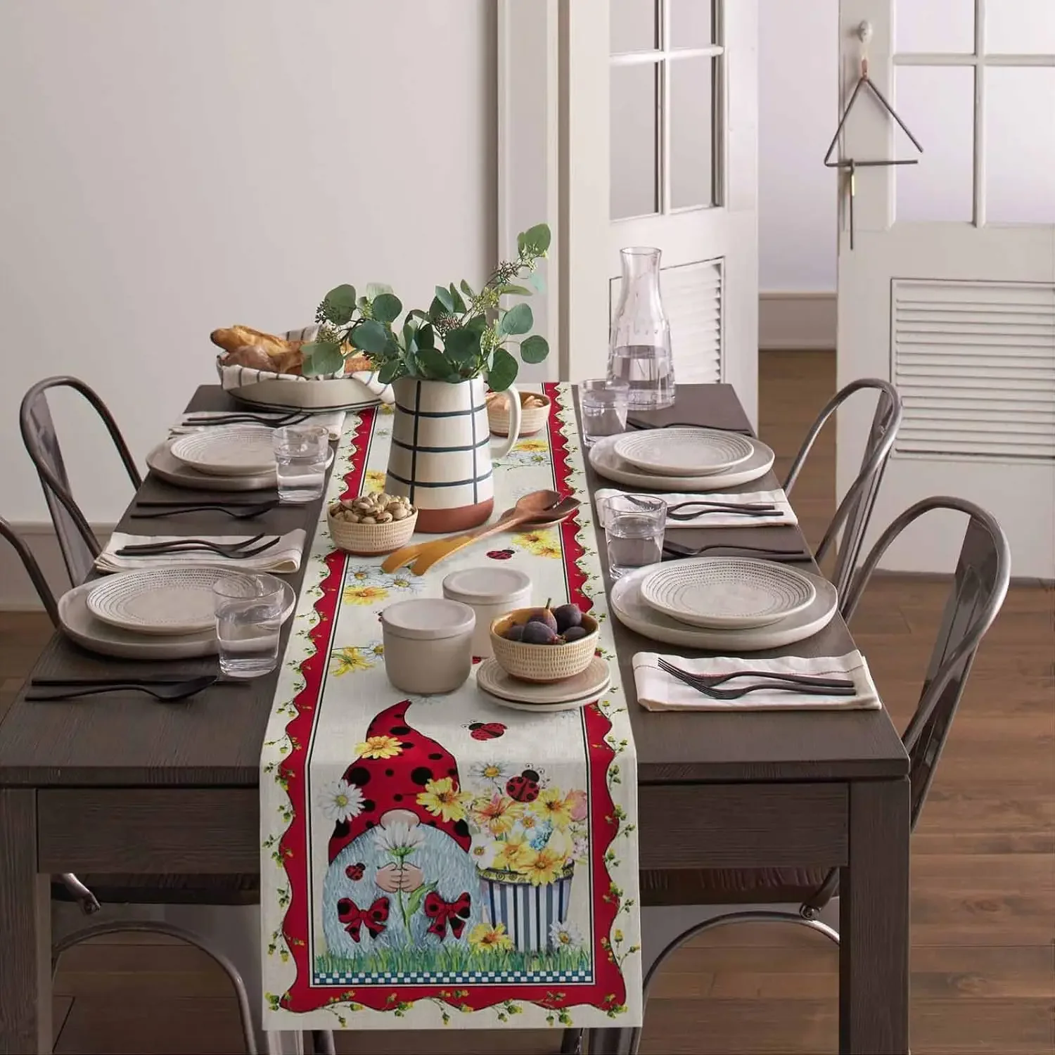 Spring Gnome Ladybird Flowers Linen Table Runner Dresser Scarves Table Decor Farmhouse Kitchen Dining Table Runner Party Decor 4