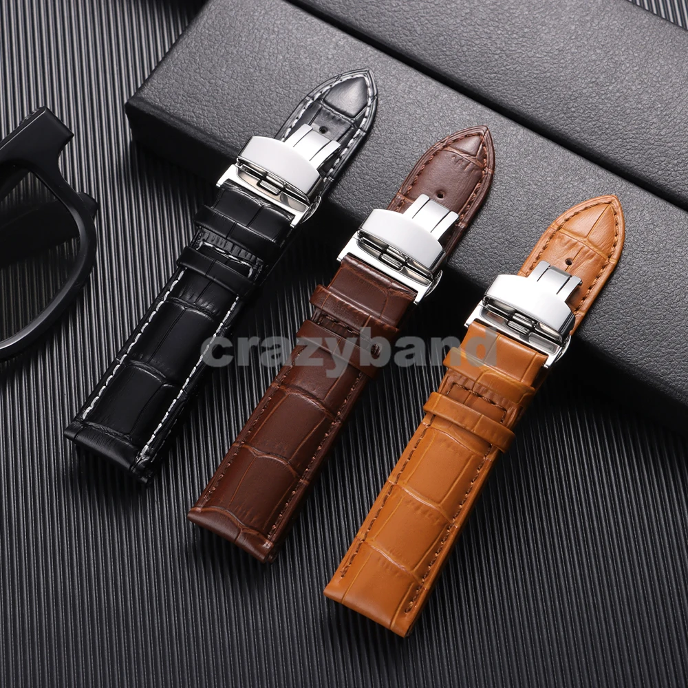 Elegant Genuine Leather Men's Watch Strap with Metal Butterfly Buckle