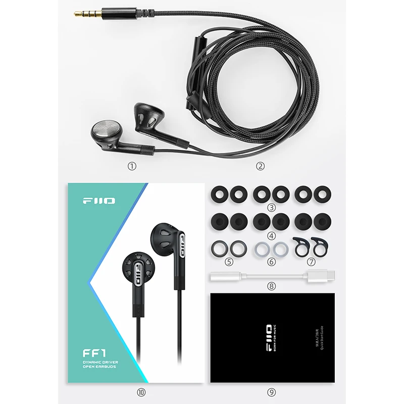FiiO FF1 14.2mm 다이나믹 드라이버 오픈 이어버드 HIFI 음악 유선 이어폰 베이스 0.78mm 마이크 인라인 컨트롤이 포함된 분리형 케이블
