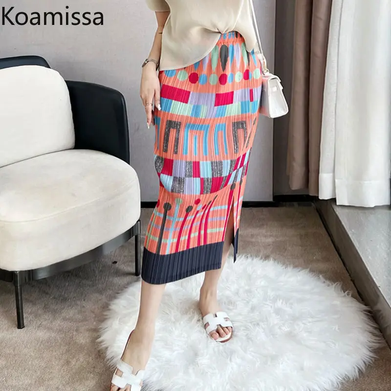 

Koamissa Women Midi-length Skirt Retro Female High Waist Elestic Pleated Straight Skirts Fashion Print Office Lady Outer Buttoms