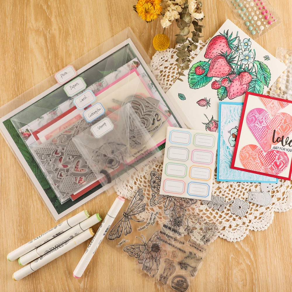 

Пластиковые пакеты-папки, самоклеящиеся яркие наклейки, коробка для хранения штампов, организер, прозрачные пакеты