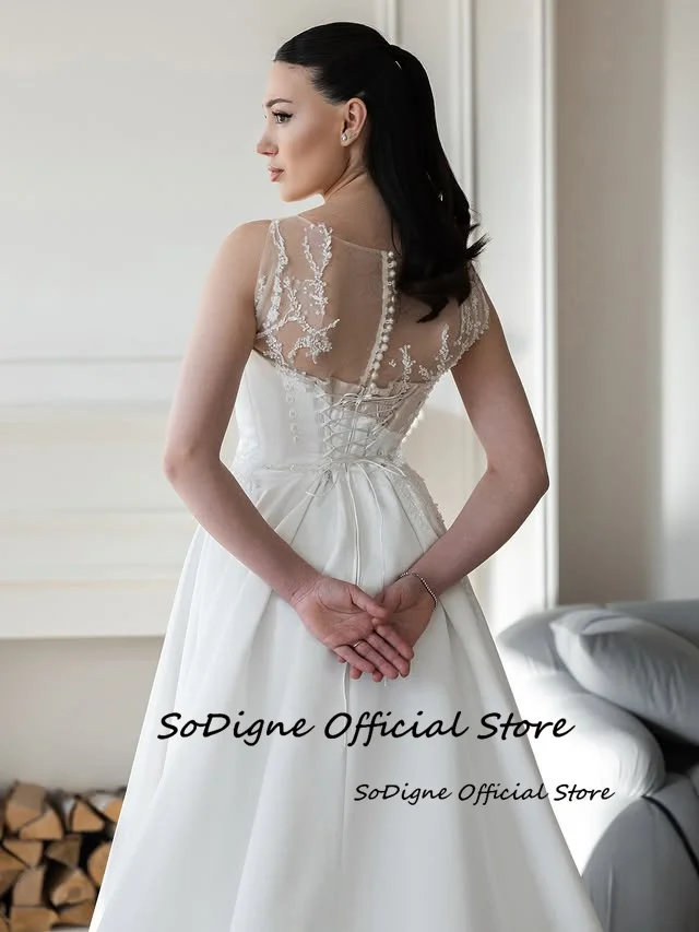 SoDigne A-line Satin Appliques Bride Dresses O-neck Sleeveless Wedding Dress Long Bridal Gowns vestidos de novia Customized 16 S8a1793db4b644528b60e032c50f882d4U