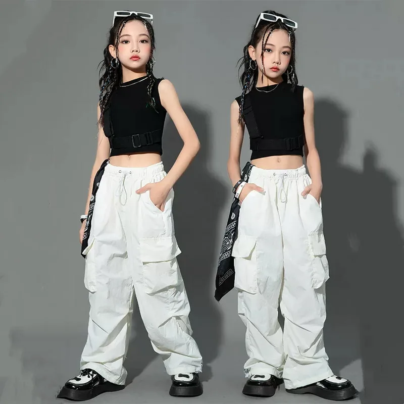Girls hip hop jogger pants cargo style, high waist, vintage streetwear baggy trousers for kids and teens ages 5-14. white