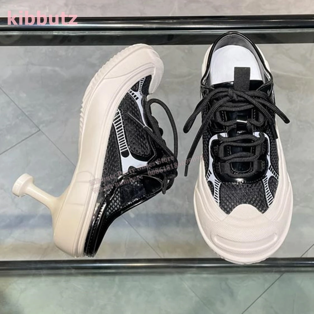 Patchwork Thin Heels Sneakers Mixed Color Round Toe Lace-Up Novelty Sexy Luxury Fashion Runway Show Comfortable Women Shoes New