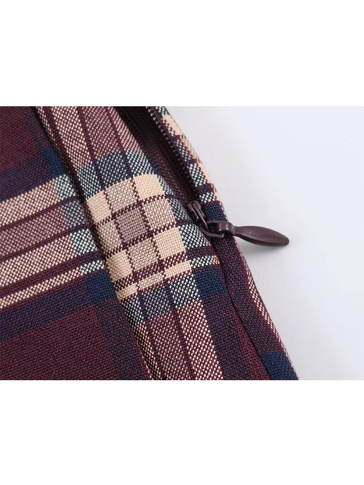 New Women's Plaid Skirts Suit Casual Faux Leather  Neck Loose Jacket Coat Mini Pleated Shorts Skirt Two-Piece Set Fashion Set