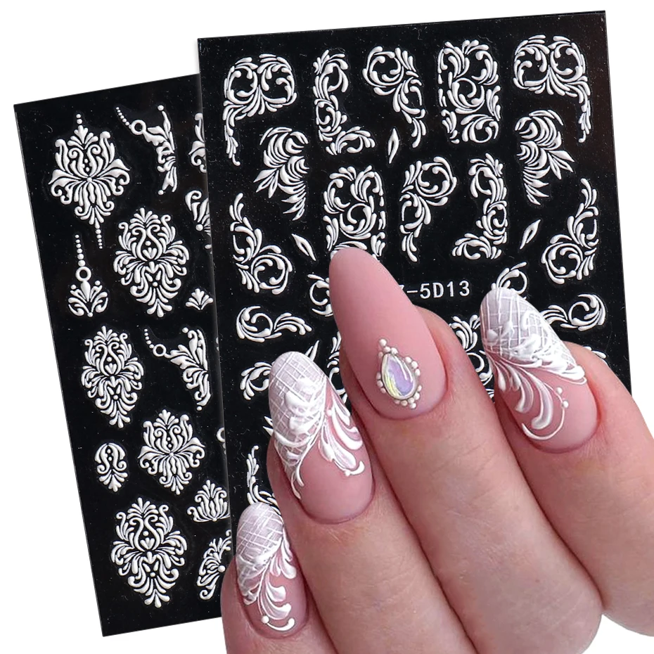 Embossed5DWhiteNailArtStickersElegantWeddingFloralLaceSliders