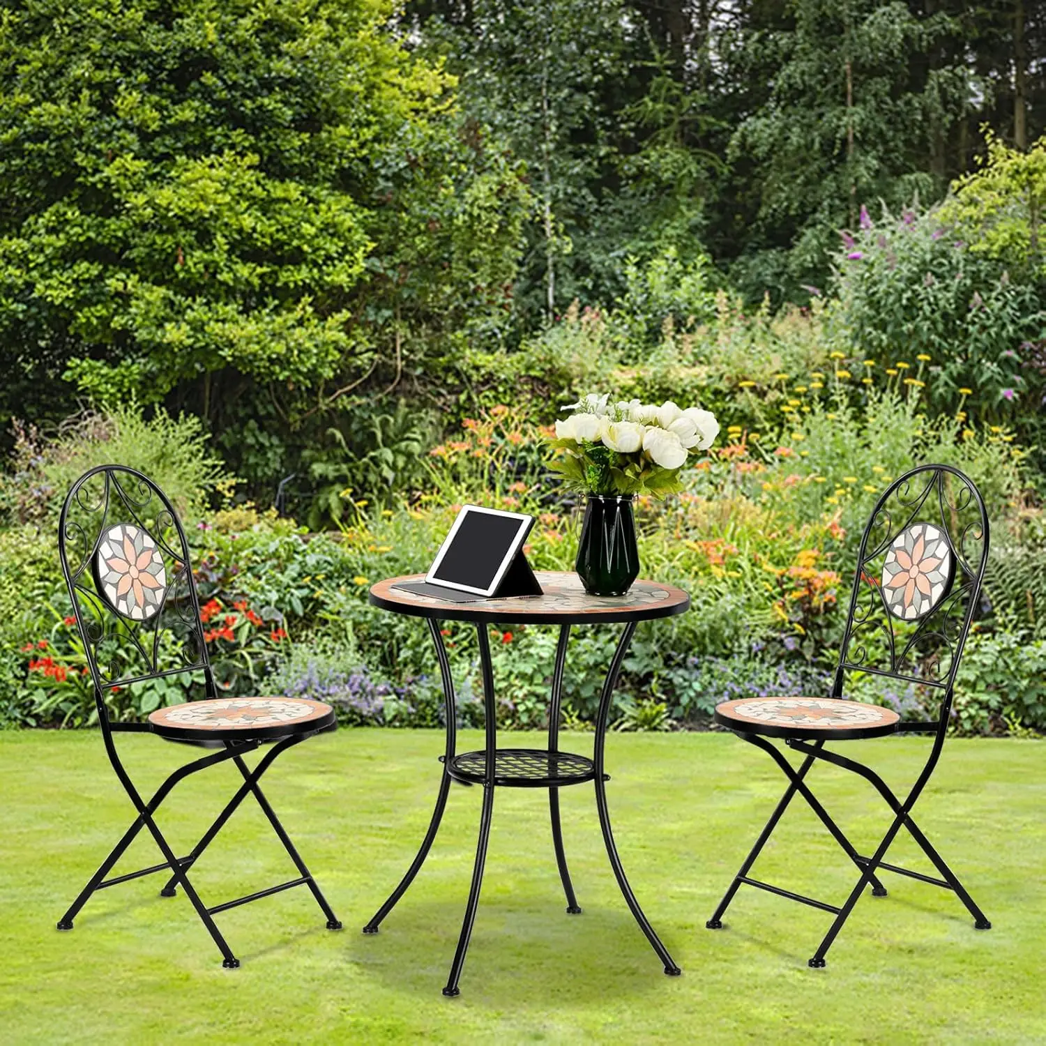 3 Pieces Garden Patio Mosaic Table, Outdoor Bistro Set with Folding Chairs,Black Iron Frame