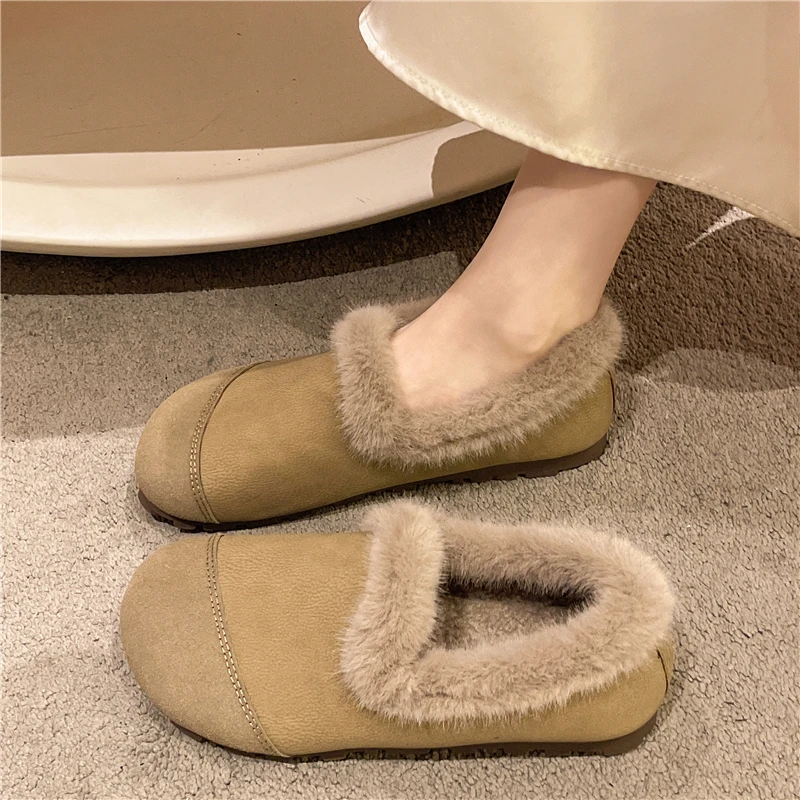 Aphixta Soft Furry Loafers Flat With Women Shoes Black Casual Round Toe Flats Woman Classic Shoe Autumn Winter Loafers