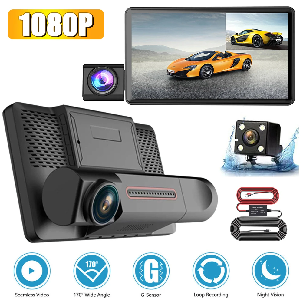 

Car Dash Cam 1080P Front Cabin and Rear Car DVR Camera 4" Video Recorder Night Vison G-Sensor Loop Recording 24h Parking Monitor