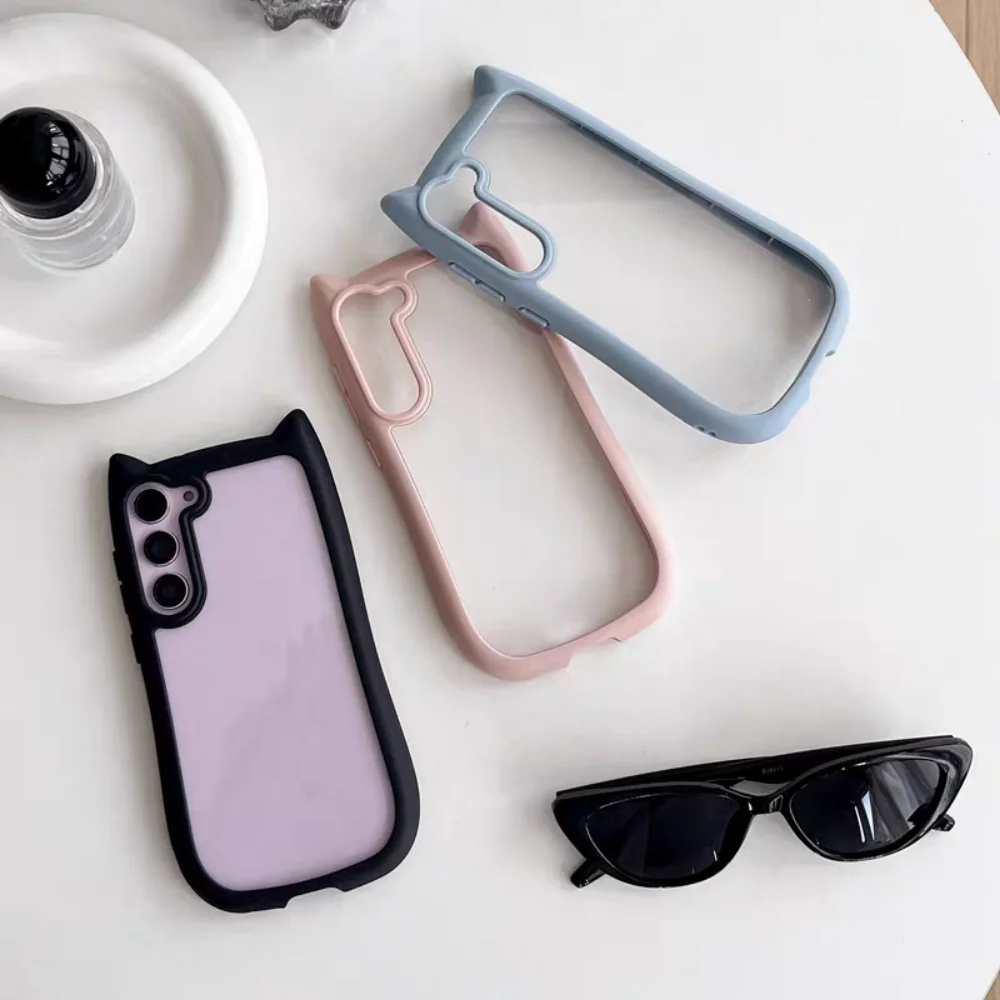 Korean Cute Candy Color 3D Cat Ears Transparent Phone Case - Kawaii Shockproof Soft Border Cover
