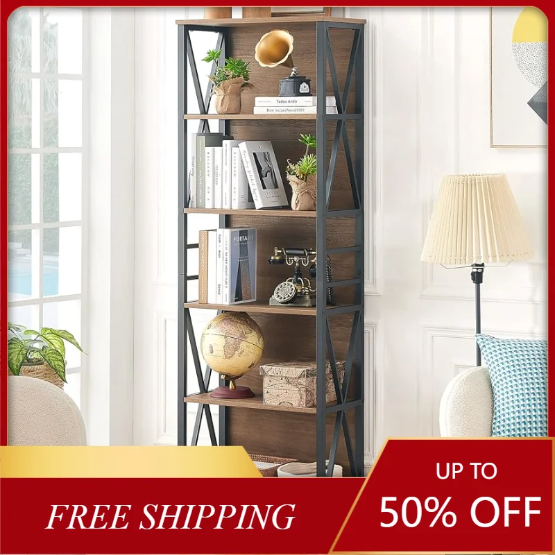 

Новый 6-ярусный Деревенский металлический книжный стеллаж, отдельно стоящий открытый Промышленный Высокий для дома, офиса, гостиной и спальни США