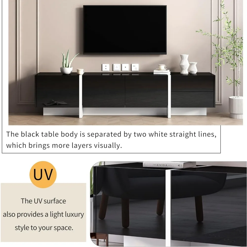 TV Stand for TVs Up to 80" Modern Entertainment Center with High Gloss UV Surface White & Black Wood Television Media Console 4