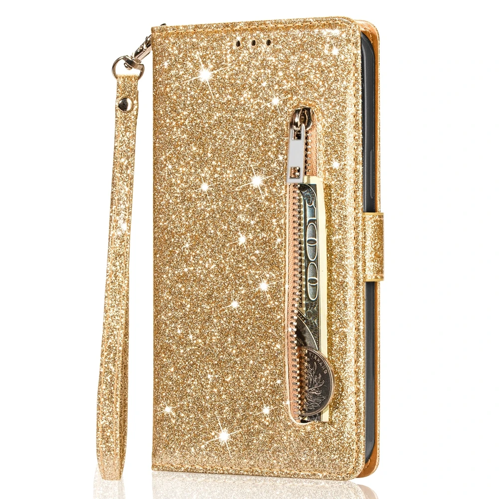 Glitter Zipper Wallet Phone Case with Kickstand, Strap, Card Pocket, and Bumper Protection