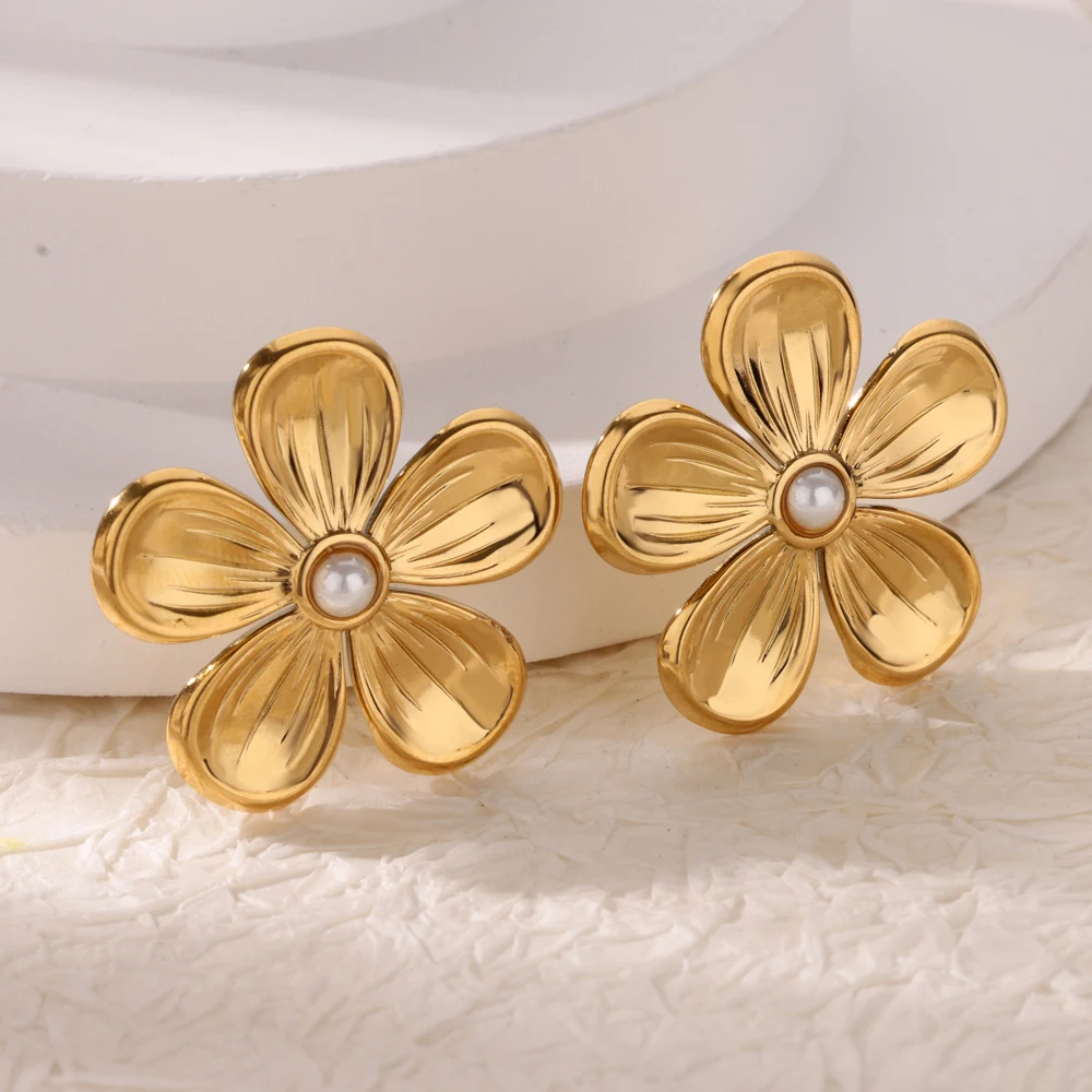 Fashion Pearl Flower Earrings Gold Stainless Steel Geometric
