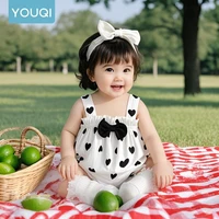 Summer New Collection for Baby Girls: Black and White Love Strap One Piece Butterfly Bow Decoration Sweet and Cute Jumpsuit
