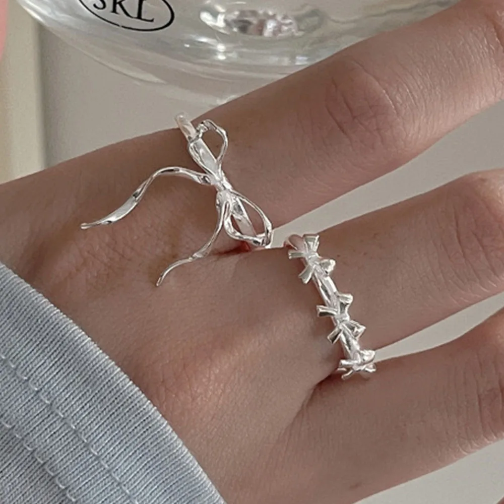 925 Sterling Silver Simple Ring For Women Fine Jewelry Finger Adjustable Open Vintage Bow Ring For Party Birthday Gift