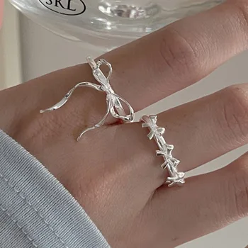 925 Sterling Silver Simple Ring For Women Fine Jewelry Finger Adjustable Open Vintage Bow Ring For Party Birthday Gift