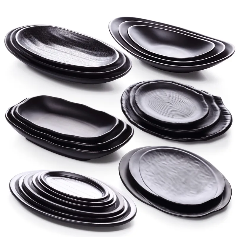 Black Frosted Oval Plastic Dinner Plate Melamine Tableware Picnic ...